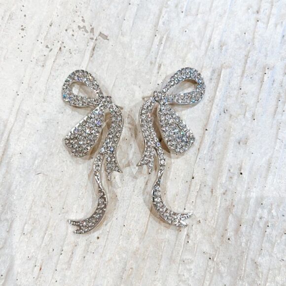 silver diamond bow earrings A208 - Picture 4 of 6